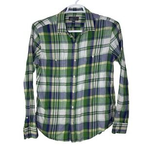 Vince Button Down Shirt Mens Large Plaid Cotton Linen Green Blue Preppy Beach